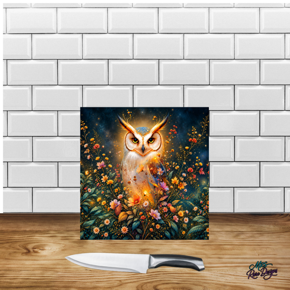 Golden Glow Owl & Wildflowers 9-Inch Square Glass Cutting Board