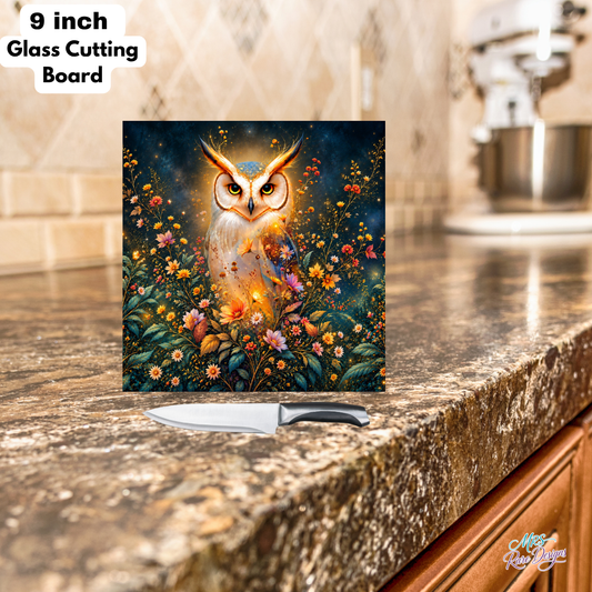 Golden Glow Owl & Wildflowers 9-Inch Square Glass Cutting Board