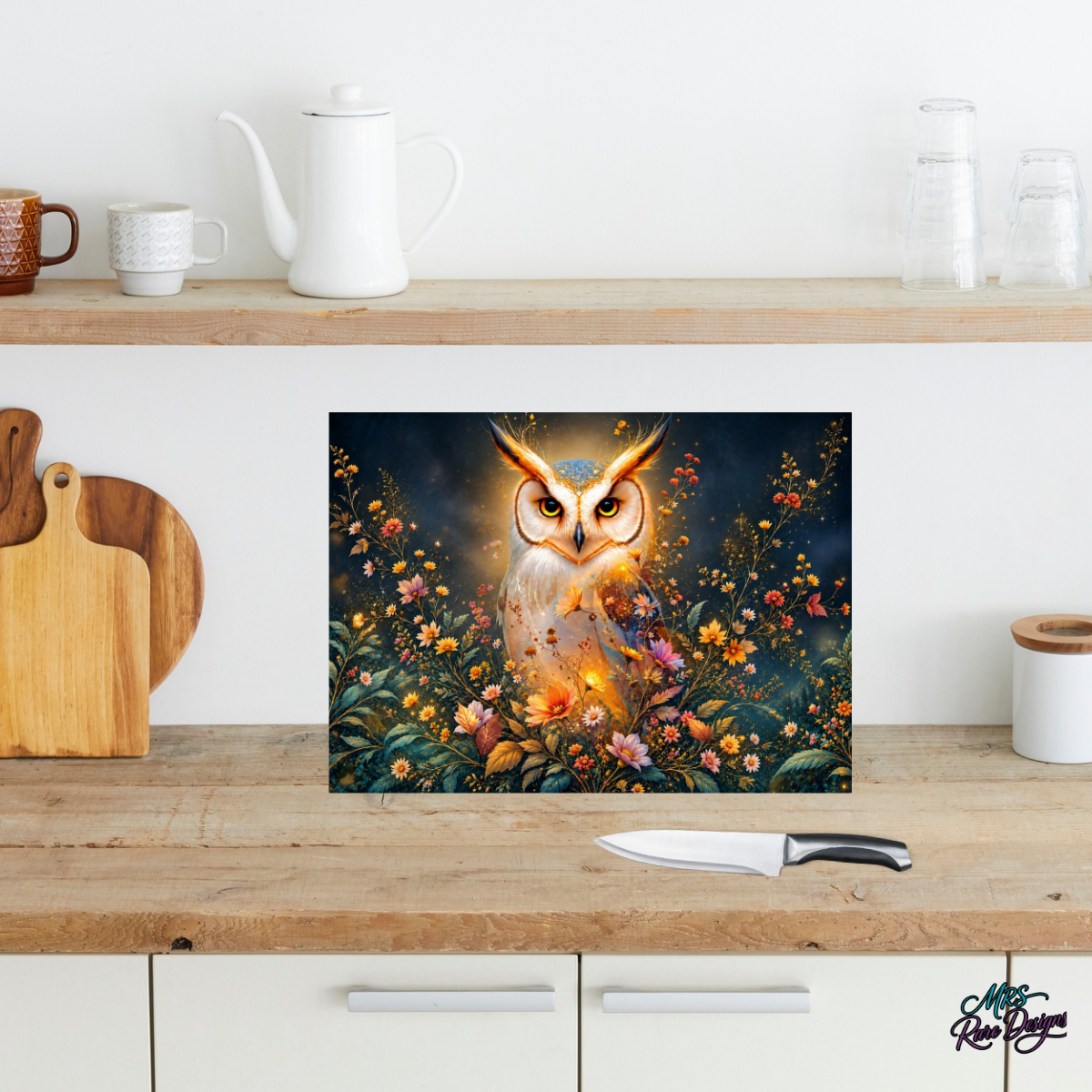 Golden Glow Owl & Wildflowers Glass Cutting Board