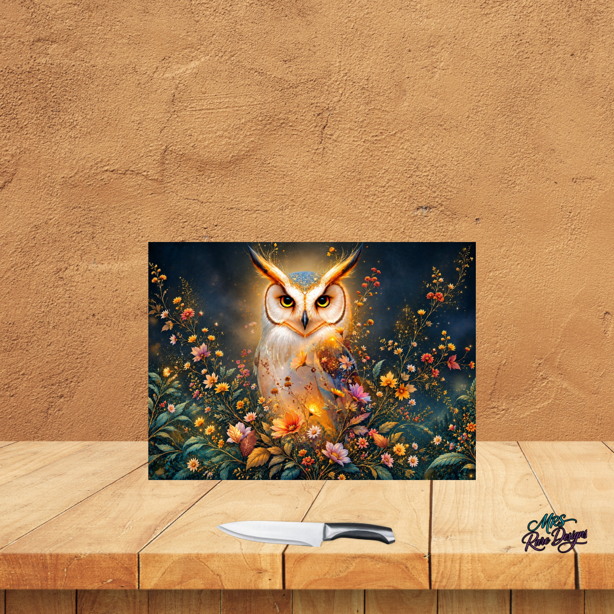 Golden Glow Owl & Wildflowers Glass Cutting Board