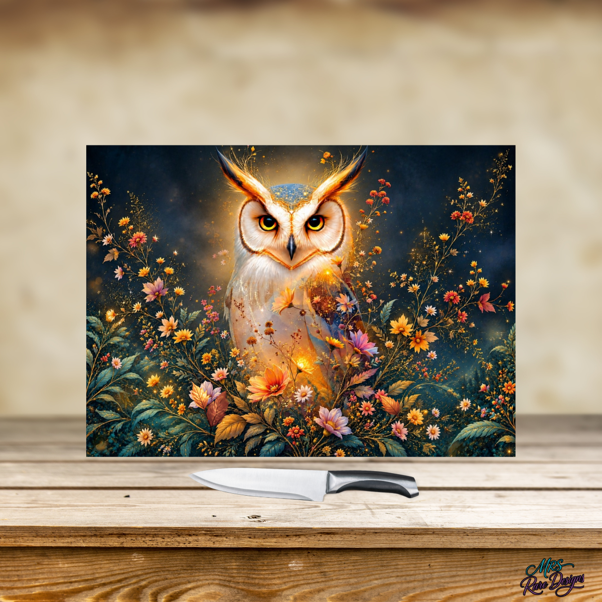 Golden Glow Owl & Wildflowers Glass Cutting Board