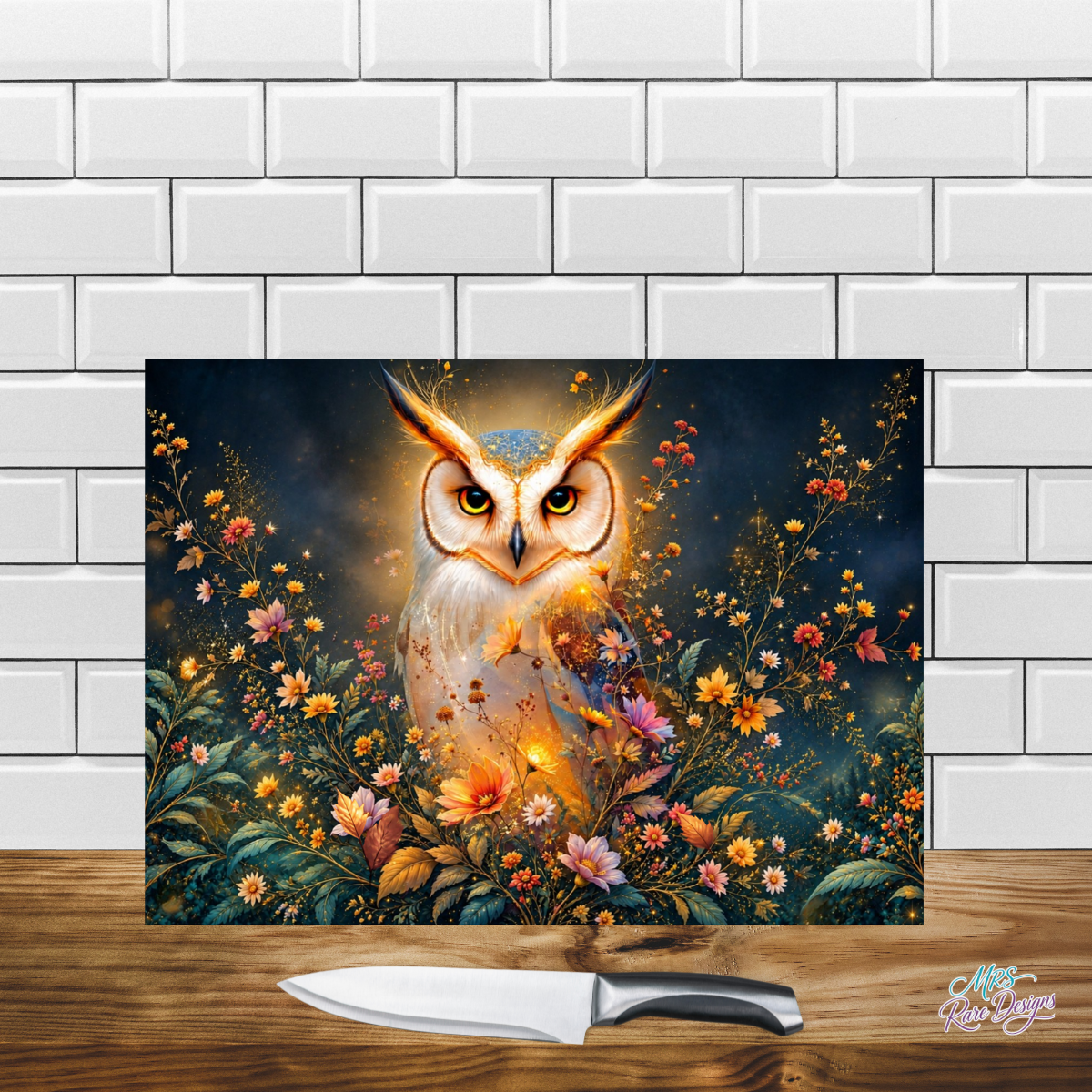 Golden Glow Owl & Wildflowers Glass Cutting Board
