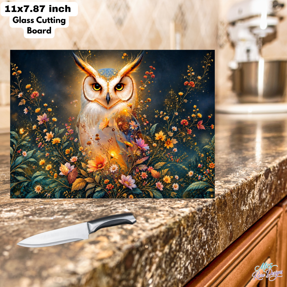 Golden Glow Owl & Wildflowers Glass Cutting Board
