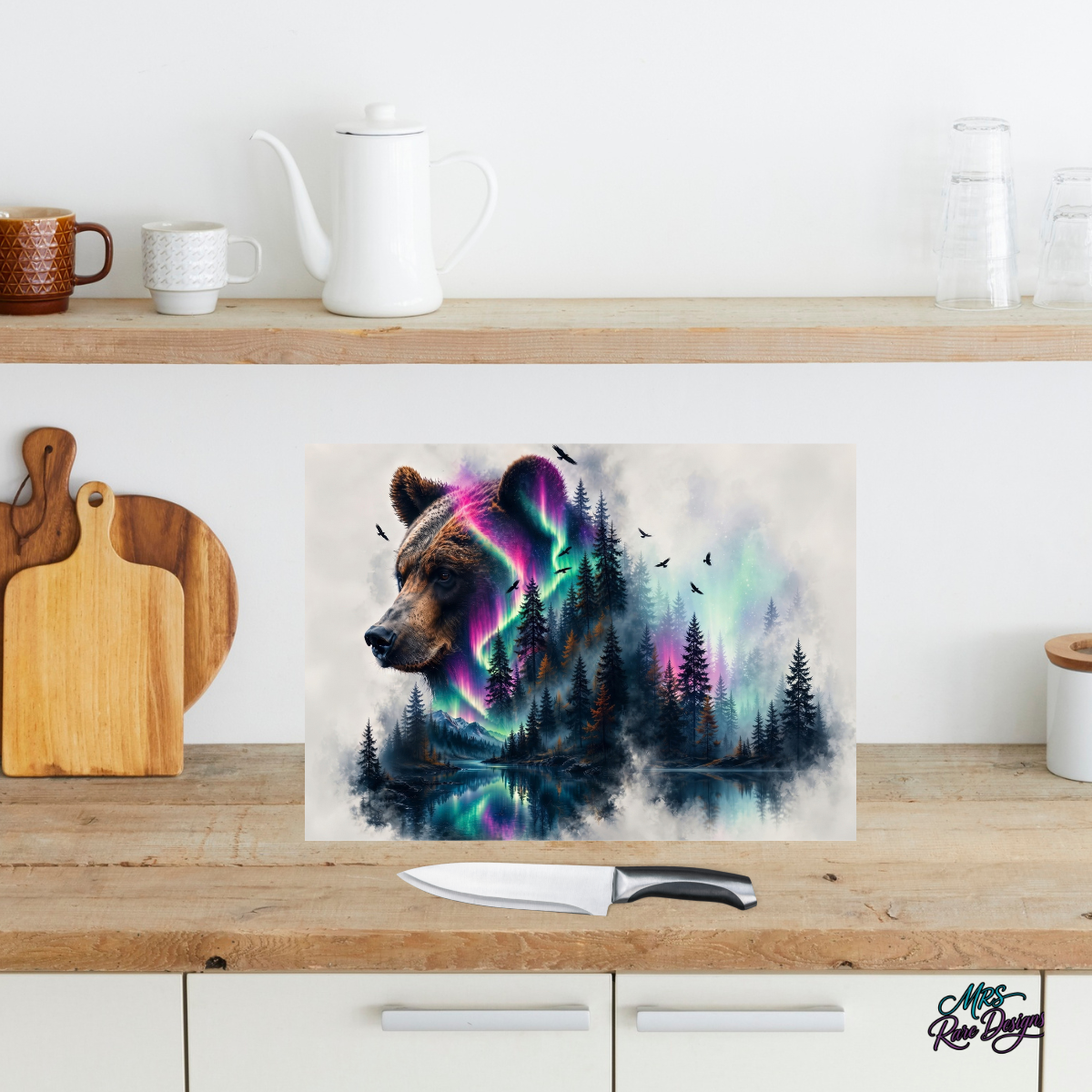 Northern Lights Bear 15x11 Tempered Glass Cutting Board