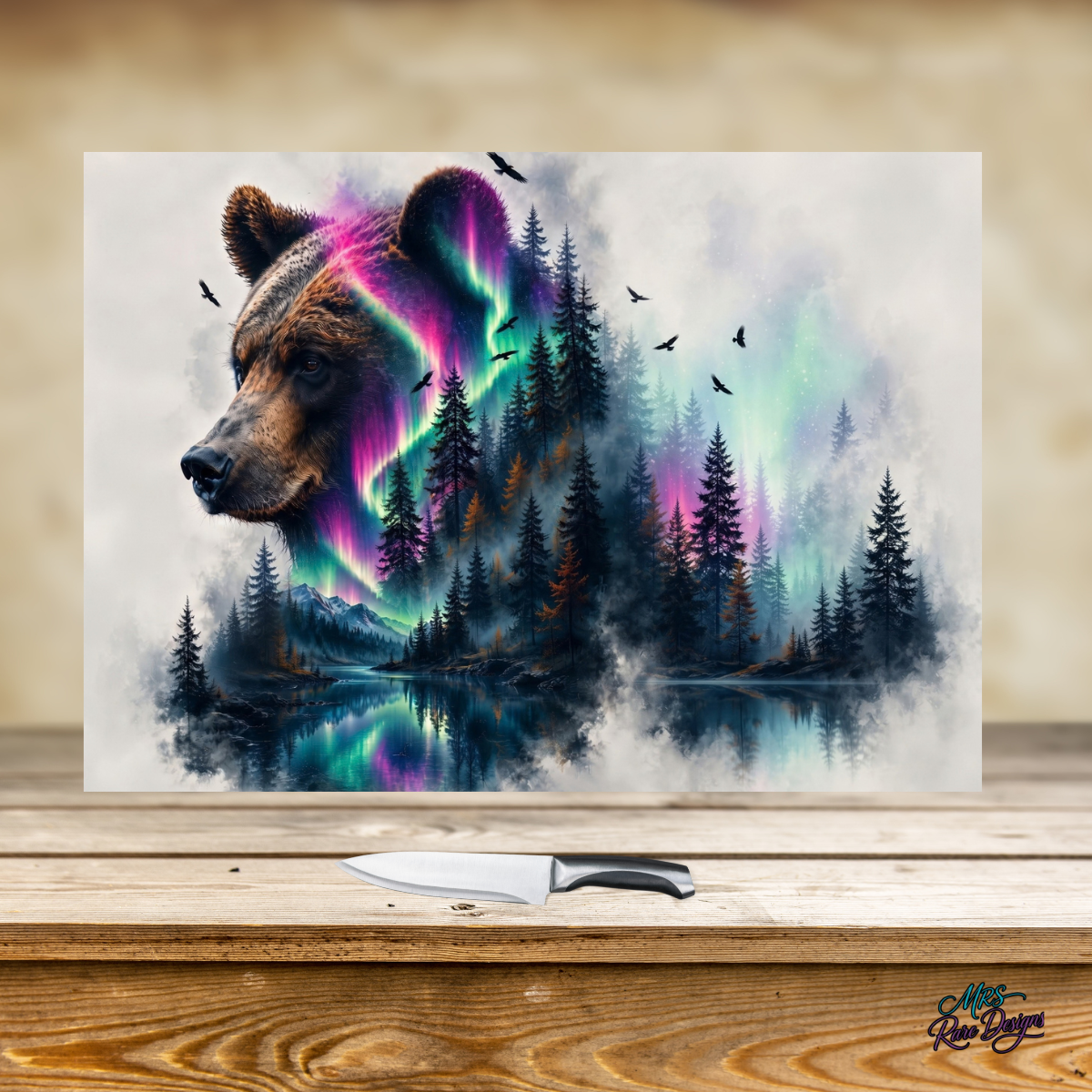 Northern Lights Bear 15x11 Tempered Glass Cutting Board