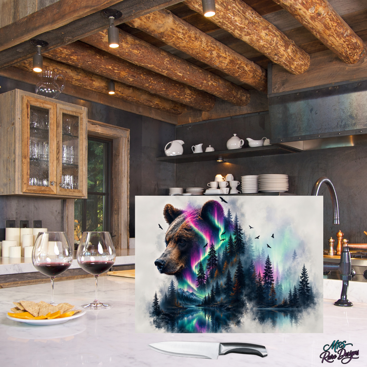 Northern Lights Bear 15x11 Tempered Glass Cutting Board