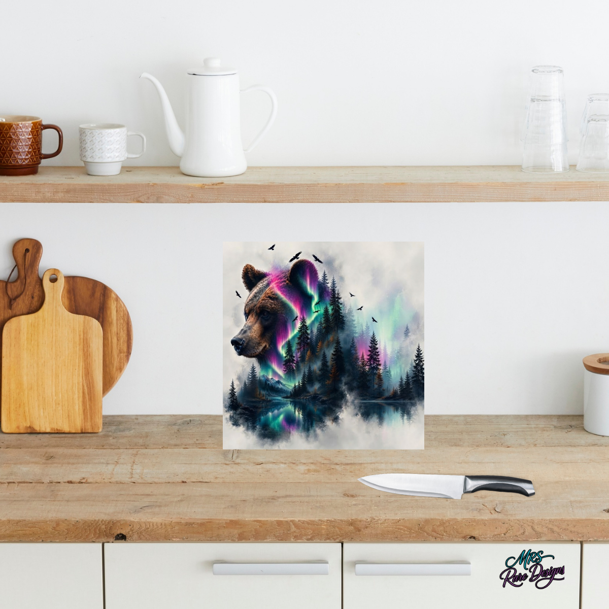 Northern Lights Bear 9-Inch Square Tempered Glass Cutting Board