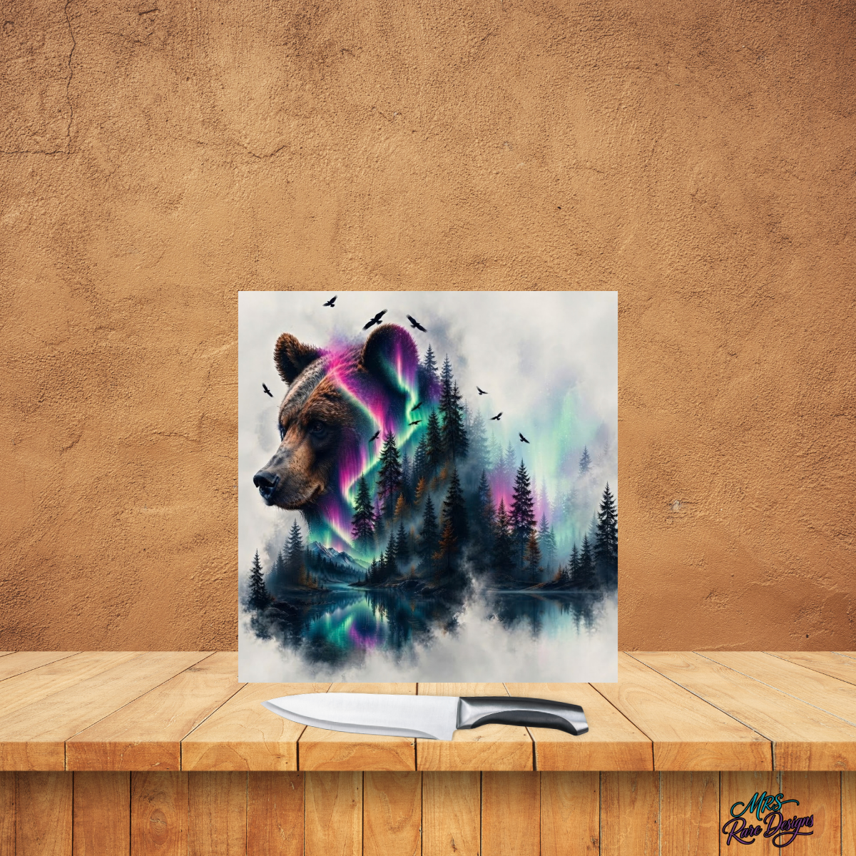 Northern Lights Bear 9-Inch Square Tempered Glass Cutting Board