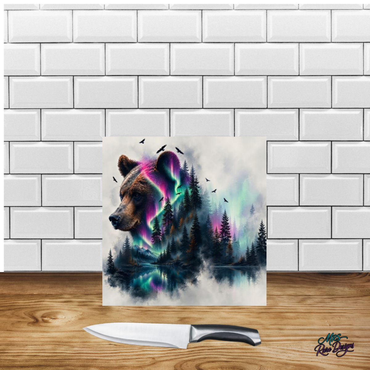 Northern Lights Bear 9-Inch Square Tempered Glass Cutting Board