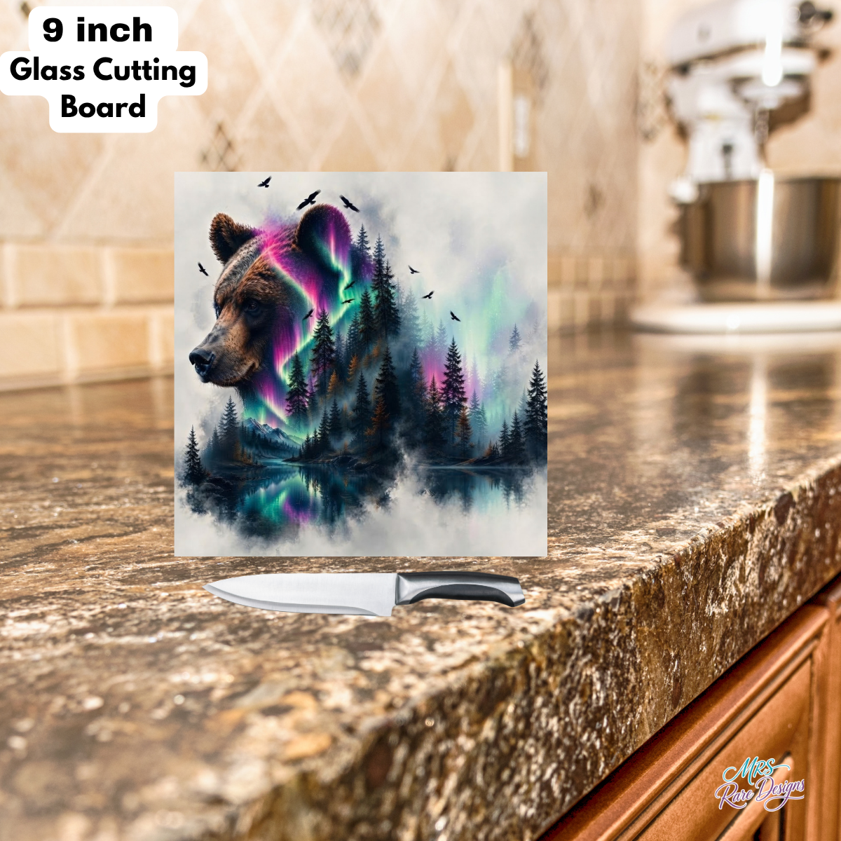 Northern Lights Bear 9-Inch Square Tempered Glass Cutting Board