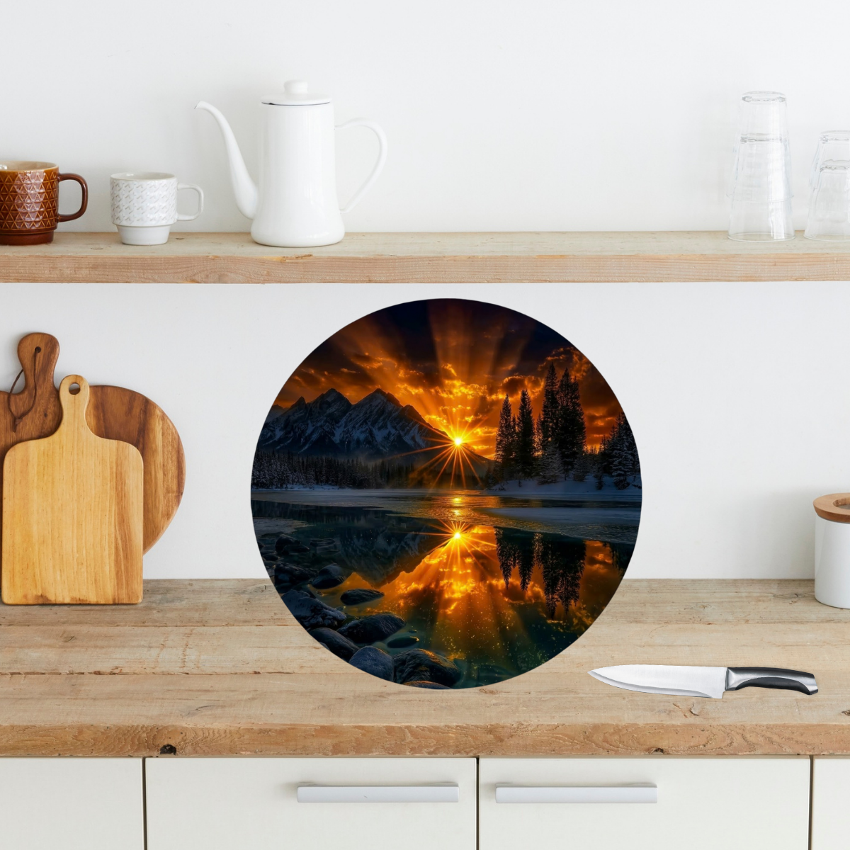 Alpine Sunset Reflections Round Glass Cutting Board with Stand