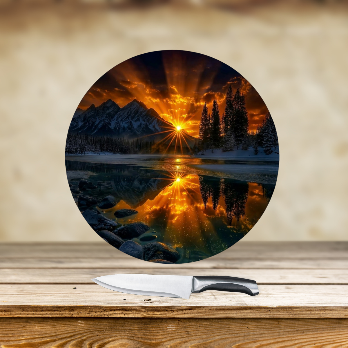 Alpine Sunset Reflections Round Glass Cutting Board with Stand