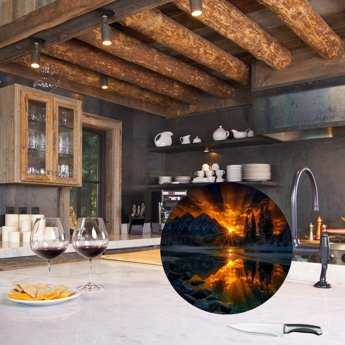 Alpine Sunset Reflections Round Glass Cutting Board with Stand