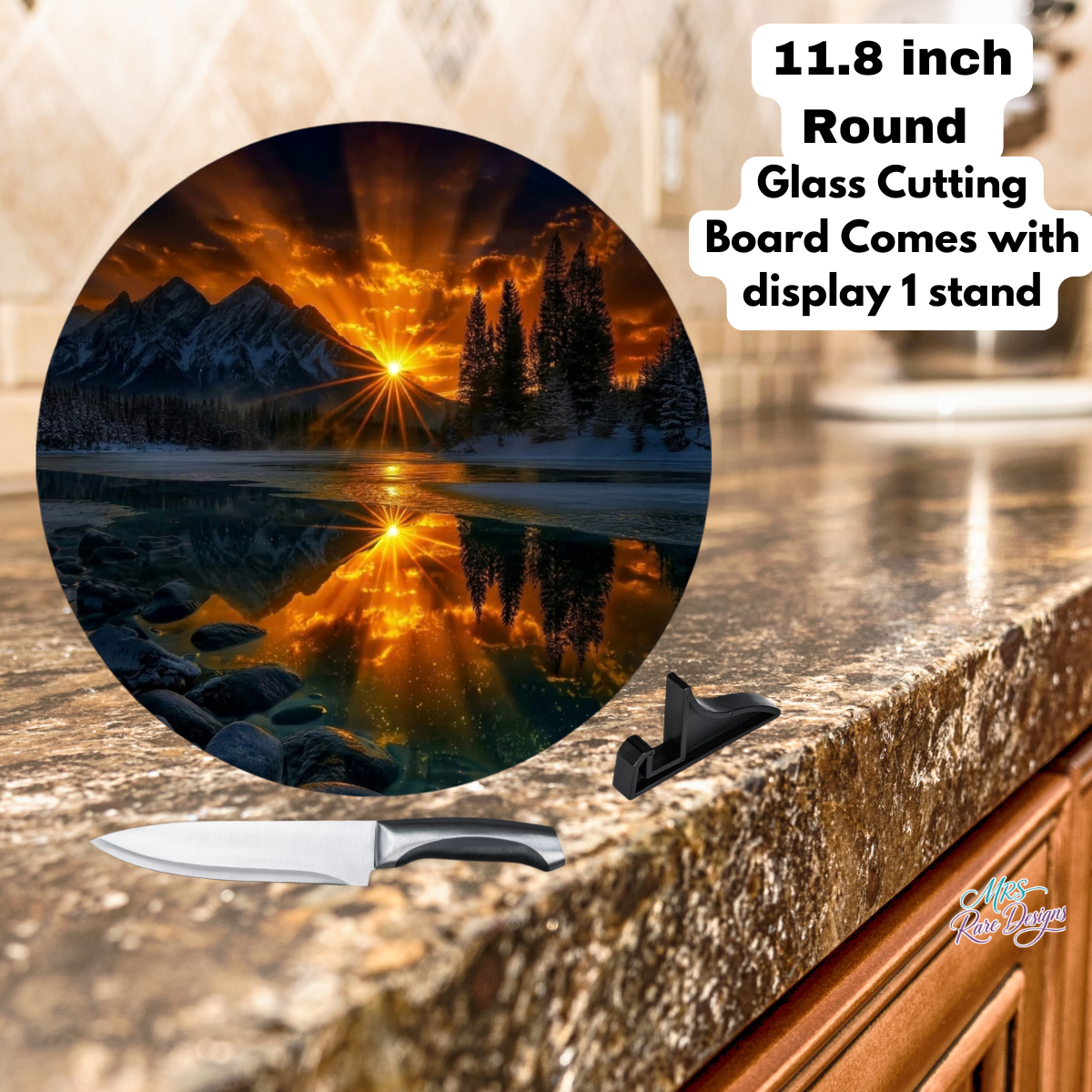 Alpine Sunset Reflections Round Glass Cutting Board with Stand