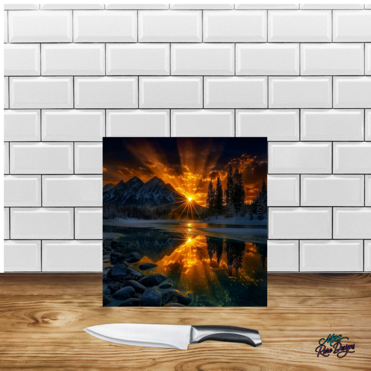 Golden Alpine Lake 9-Inch Square Glass Cutting Board