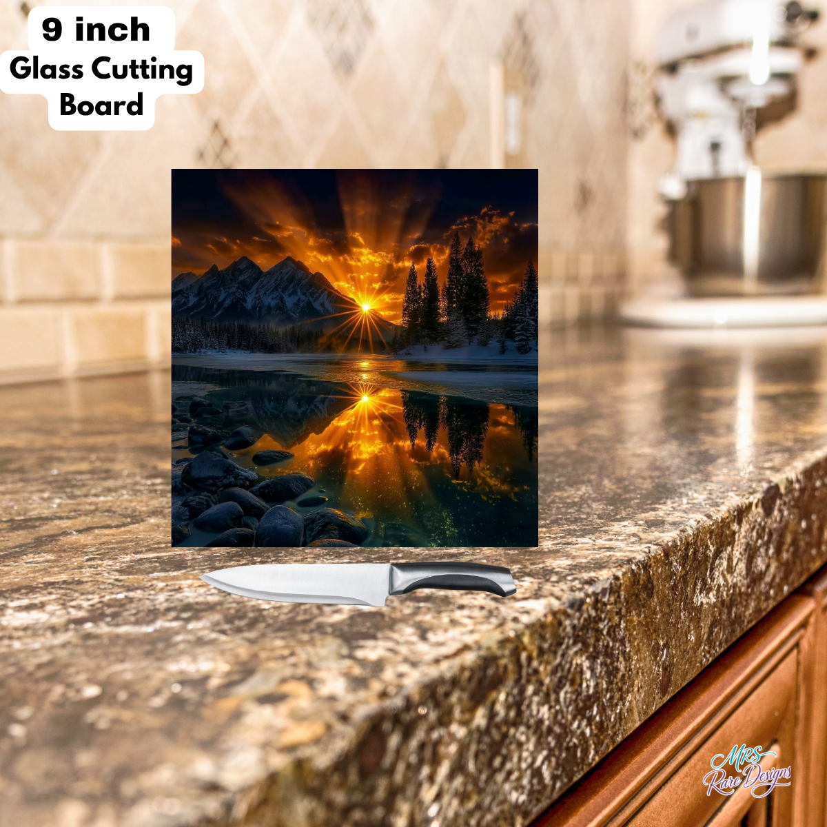 Golden Alpine Lake 9-Inch Square Glass Cutting Board
