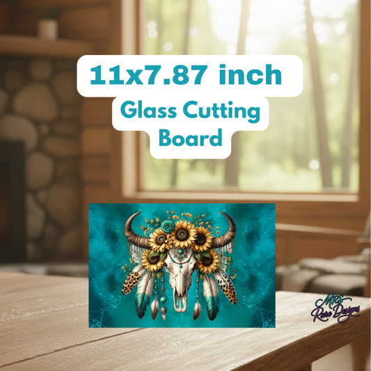 Southwestern Sunflower Buffalo Skull Glass Cutting Board – 11x7.87 Inch Decorative Kitchen Board