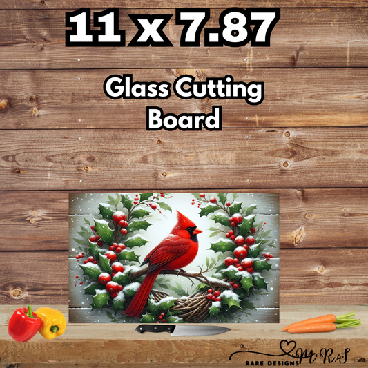 Cardinal & Holly Glass Cutting Board — 11" x 7.87" Holiday Prep & Serving Board
