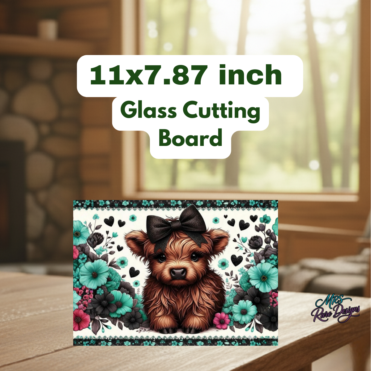 Highland Cow Glass Cutting Board Collection – Floral Farmhouse Kitchen Decor (11x7.87 inch)