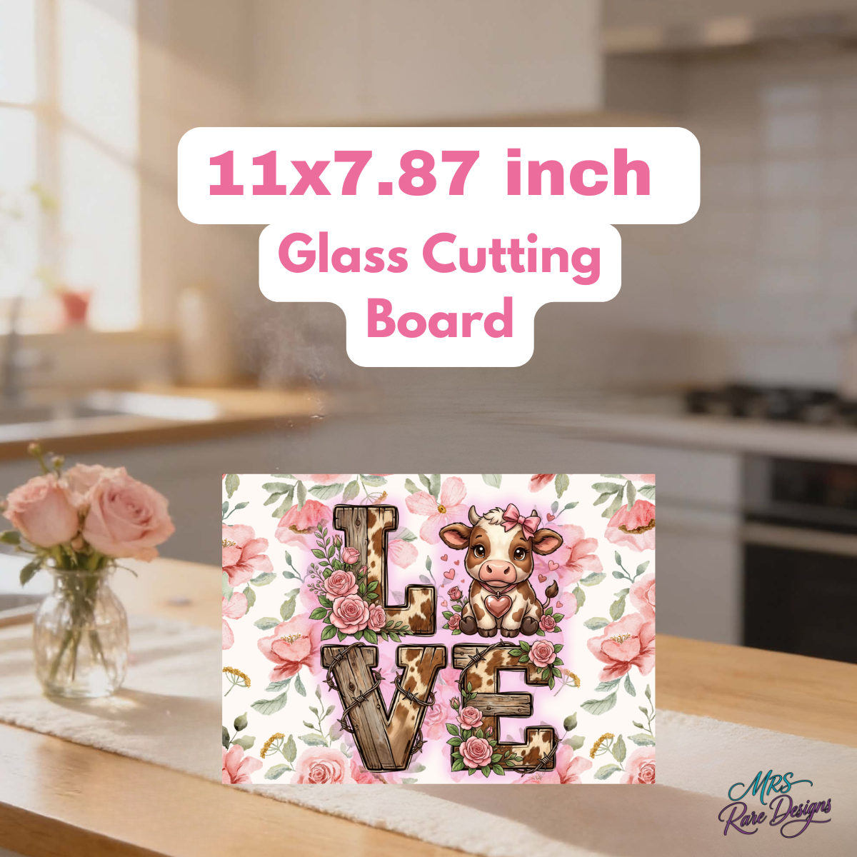 Rustic Love Cow Floral Glass Cutting Board Collection – Round, Square & Rectangle