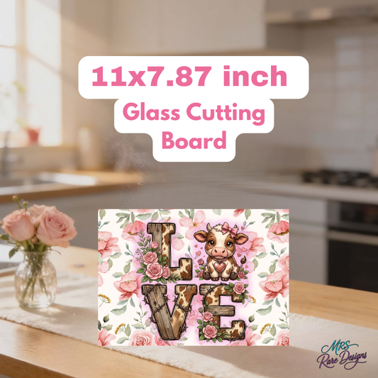 Rustic Love Cow Floral Glass Cutting Board Collection – Round, Square & Rectangle