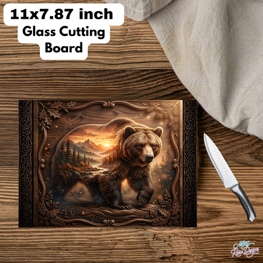 "Golden Wilds" Bear Glass Cutting Board — 11x7.87 Inch