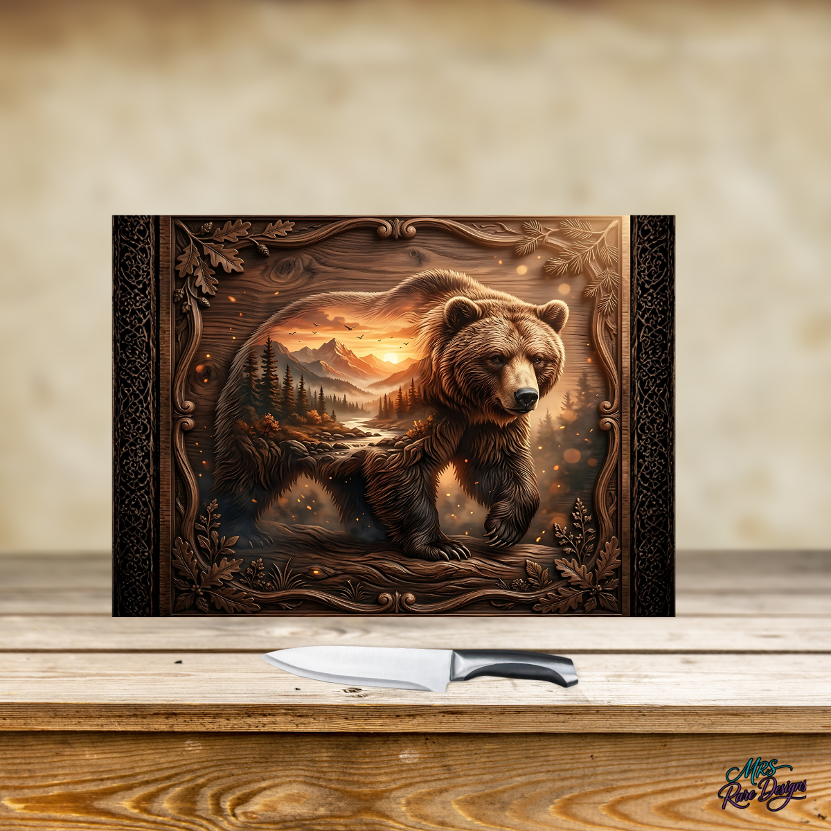 "Golden Wilds" Bear Glass Cutting Board — 11x7.87 Inch
