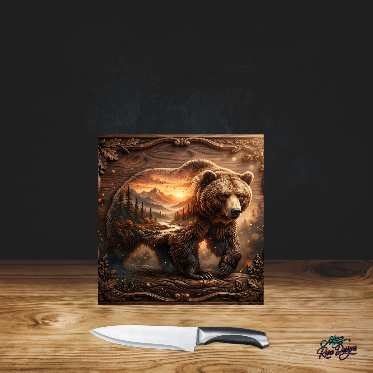 "Wild Heart" Sunset Bear Glass Cutting Board — 9 Inch