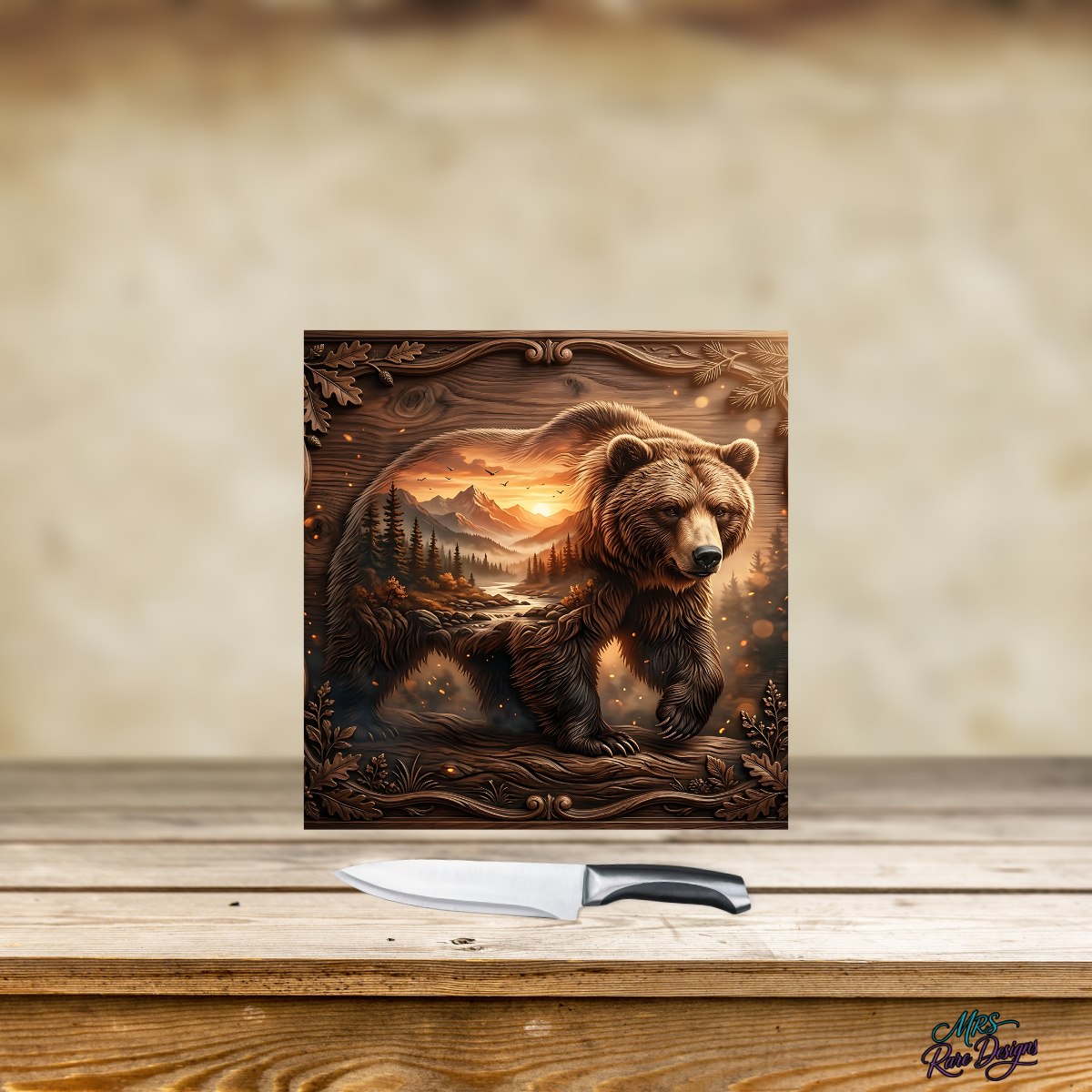 "Wild Heart" Sunset Bear Glass Cutting Board — 9 Inch