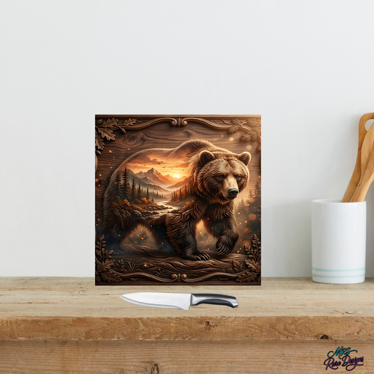 "Wild Heart" Sunset Bear Glass Cutting Board — 9 Inch
