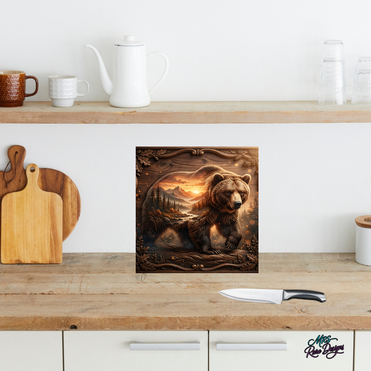 "Wild Heart" Sunset Bear Glass Cutting Board — 9 Inch