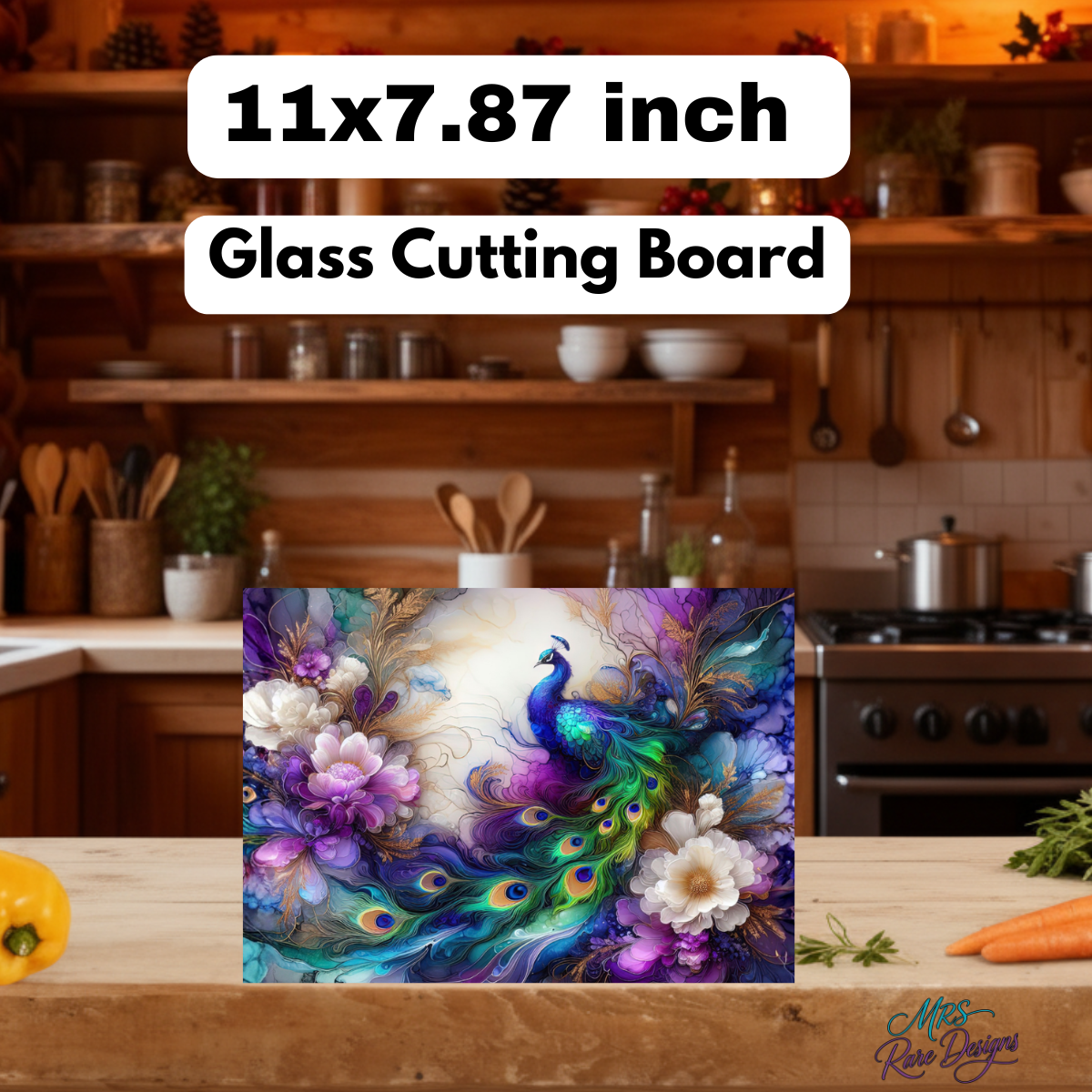 Majestic Peacock Bloom Glass Cutting Board – 11x7.87 Inch Tempered Glass Kitchen Art Board