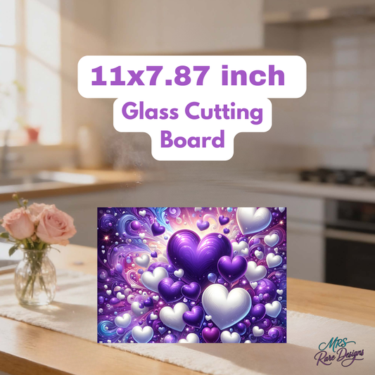 Purple Hearts Glass Cutting Board – 11x7.87 inch Decorative Kitchen Counter Protector
