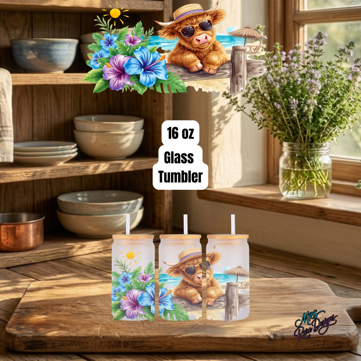 Sunny Moo Shores 16 oz Glass Tumbler