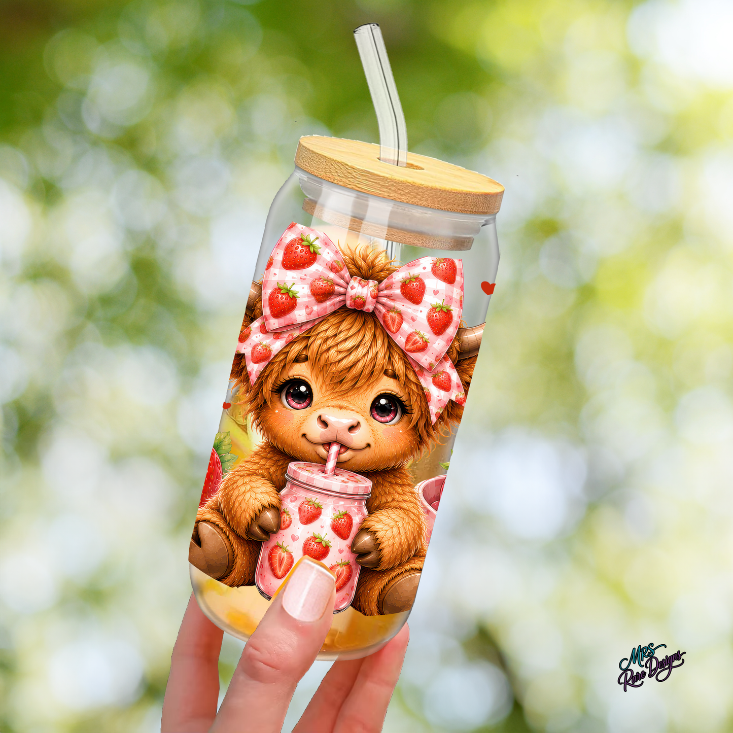 Berry Moo'd 16 oz Highland Cow Strawberry Glass Tumbler