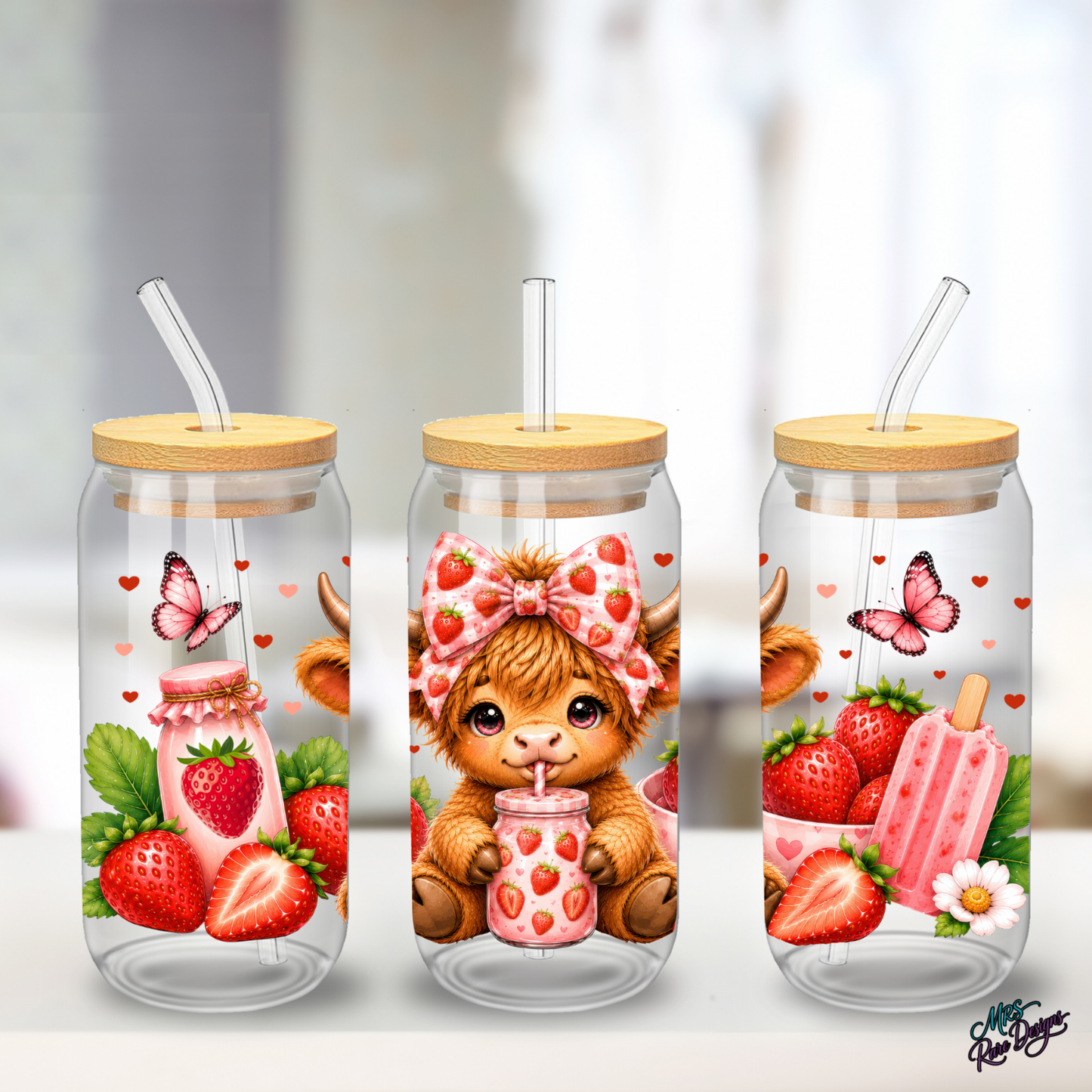 Berry Moo'd 16 oz Highland Cow Strawberry Glass Tumbler