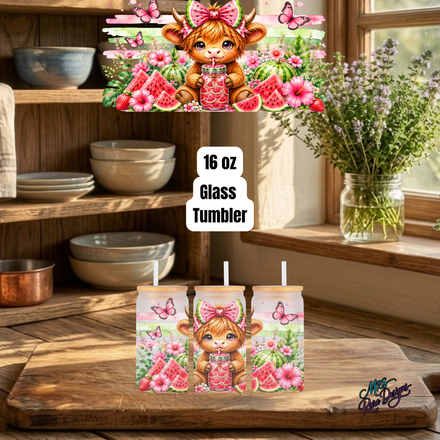Mooie and Melon 16 oz Highland Cow Glass Tumbler