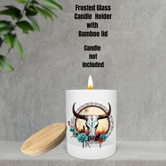 Rustic Longhorn Bloom Frosted Candle Holder with Bamboo Lid