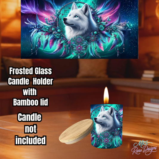 Mystic White Wolf Frosted Glass Candle Holder – Northern Lights Decor with Bamboo Lid