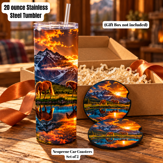 Golden Trails Horse & Mountain Sunset Tumbler and Car Coaster Gift Set
