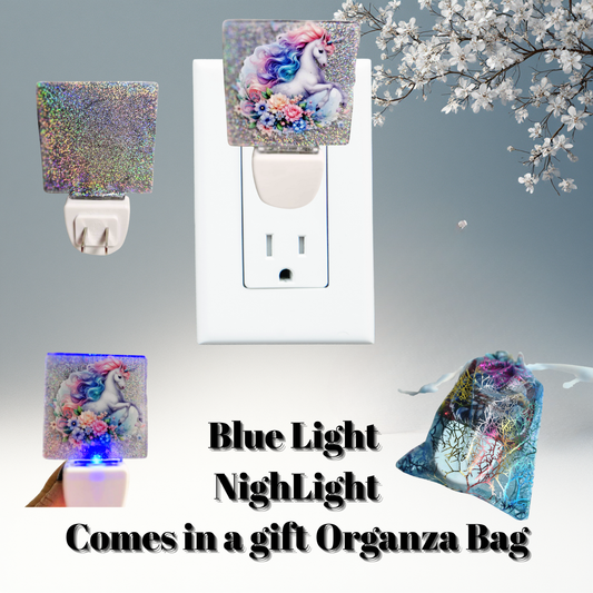 Pastel Rainbow Unicorn Blue-Glow Night Light + Gift Organza Bag