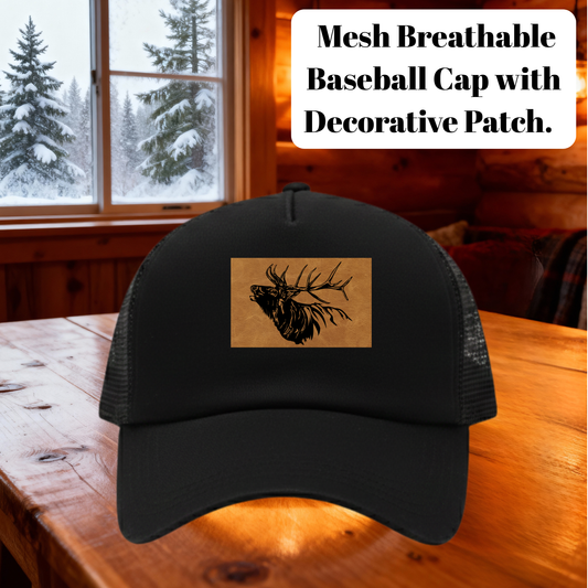 Rustic Elk Leather Patch Mesh Baseball Cap – Breathable Outdoor Trucker Hat