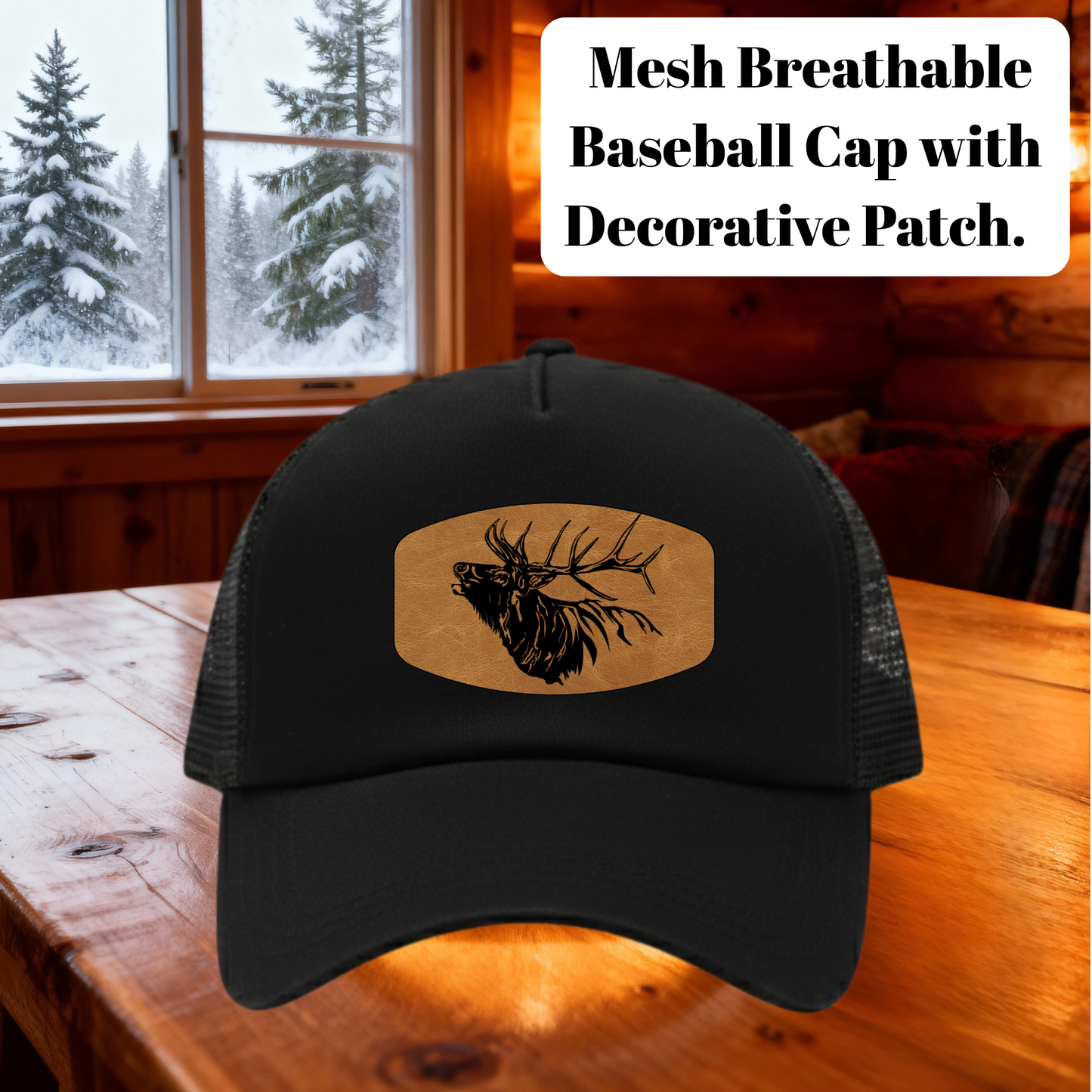 Rustic Elk Leather Patch Mesh Baseball Cap – Breathable Outdoor Trucker Hat