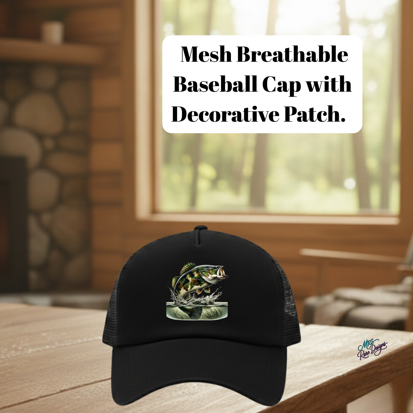 Mesh Breathable Bass Patch Baseball Cap – Black Outdoor Fishing Trucker Hat
