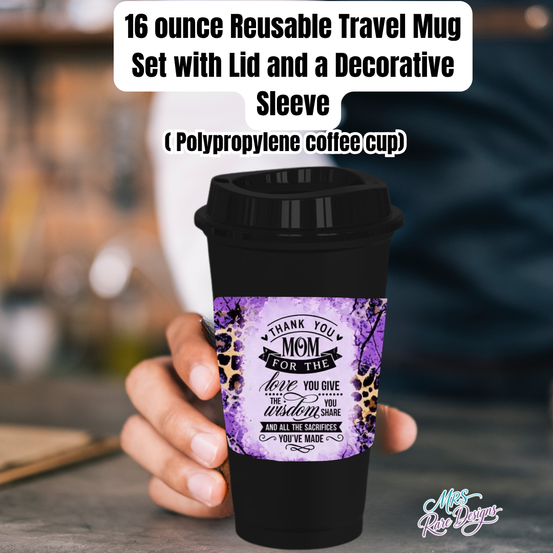 “Wild Love Mom 16oz Reusable Travel Mug – Leopard Watercolor Sleeve Edition”