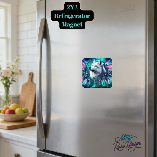 Mystic Arctic Wolf 2x2 Refrigerator Magnet – Vibrant Boho Aurora Design by MRS Rare Designs