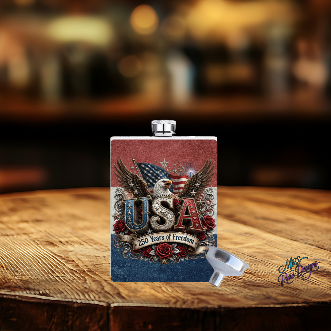 Freedom in Your Pocket USA 250 Years of Freedom 8 oz Patriotic Hip Flask Stainless Steel with Funnel
