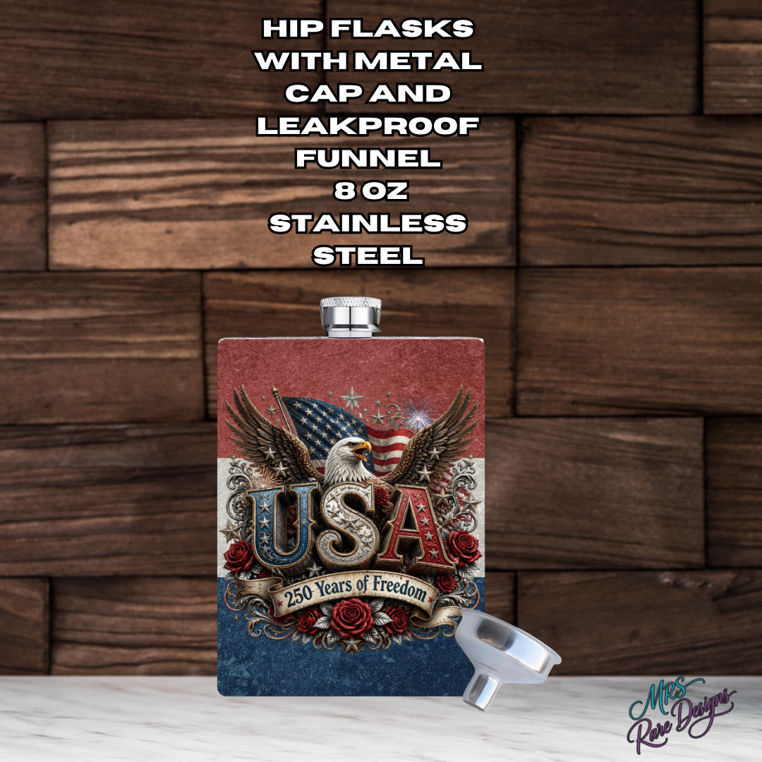 Freedom in Your Pocket USA 250 Years of Freedom 8 oz Patriotic Hip Flask Stainless Steel with Funnel