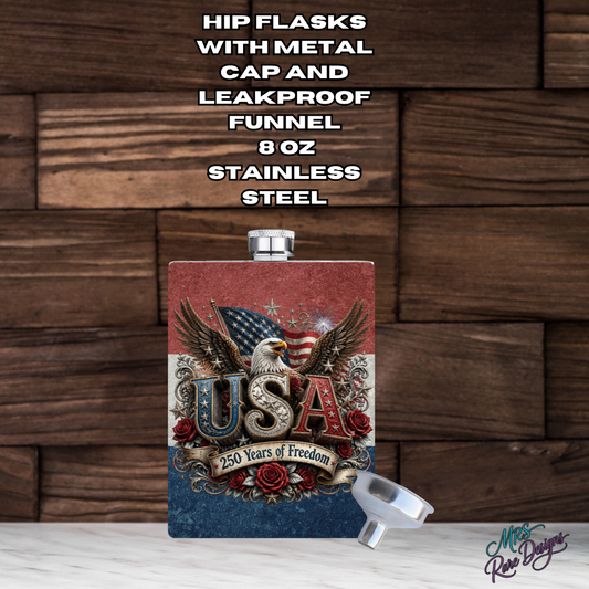Freedom in Your Pocket USA 250 Years of Freedom 8 oz Patriotic Hip Flask Stainless Steel with Funnel