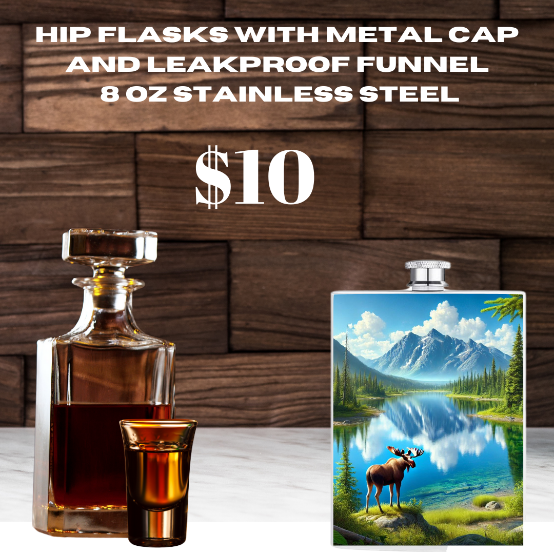 Nature's Majesty 8 oz Stainless Steel Hip Flasks with Wildlife Art, Metal Cap, and Leakproof Funnel